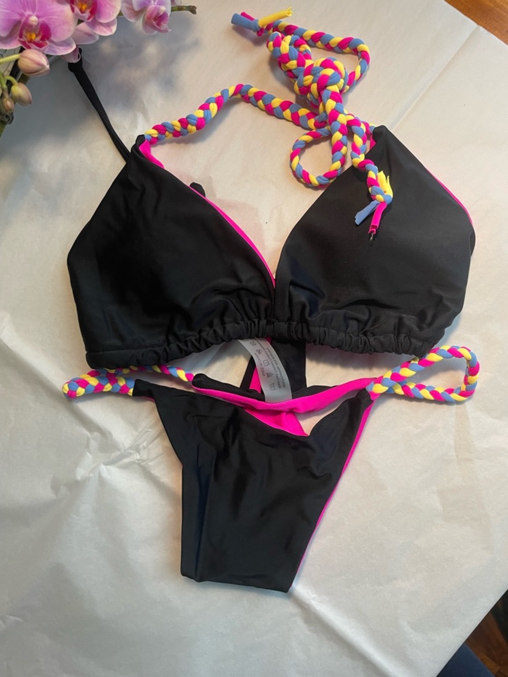 Black Bikini Set with Neon Pink Trim and Multicolor Braided Straps